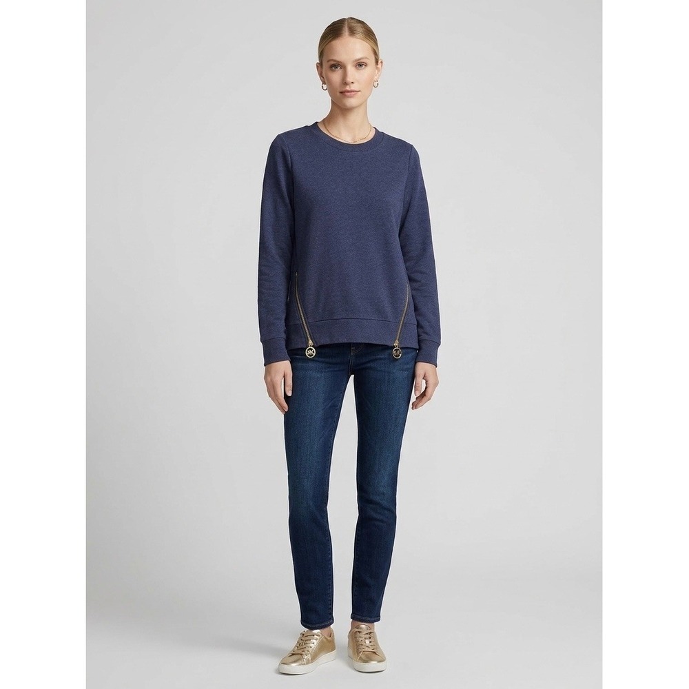 Michael Kors Womens Navy Blue Side Zip Logo Heathered Crewneck Sweatshirt Medium